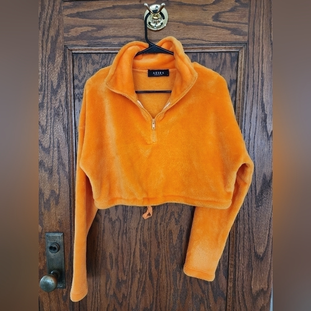 AKIRA Orange Plush Half-Zip Cropped Sweater